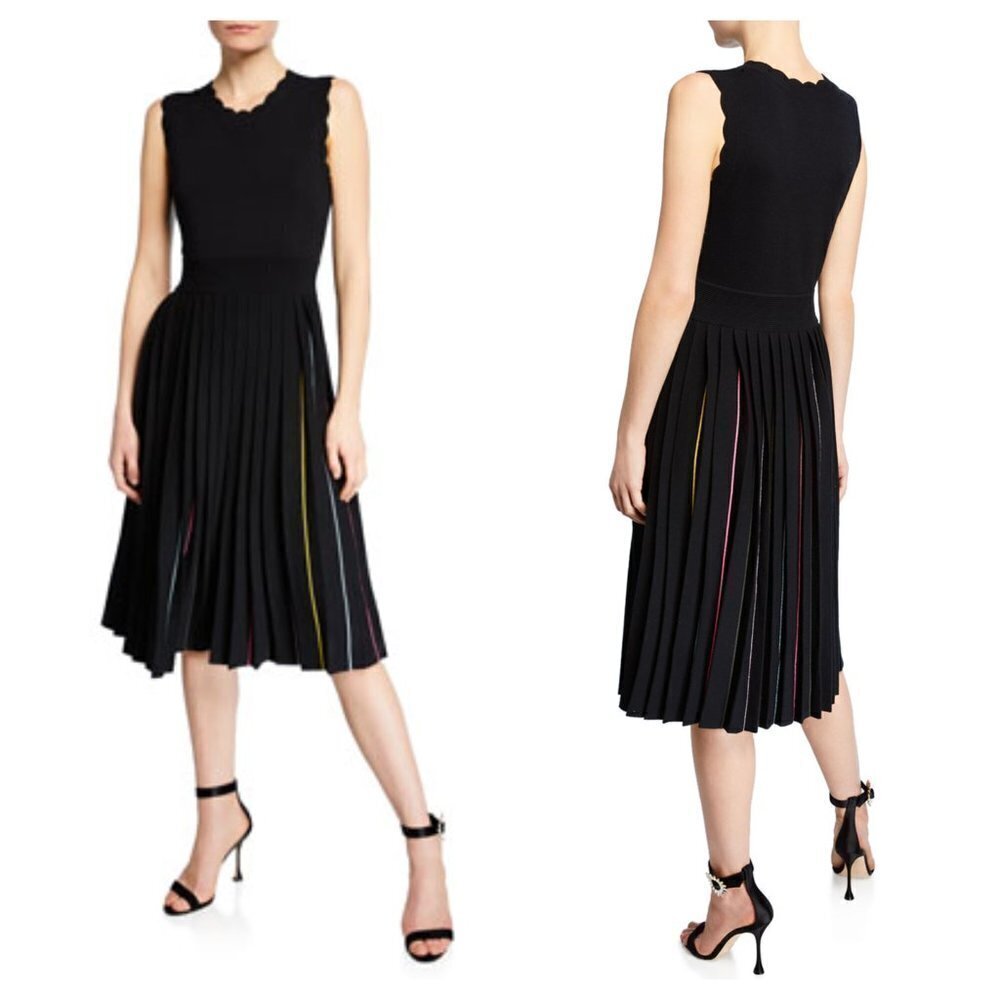 kate spade Black Pleated Midi Dress with Subtle Multicolor Stripes